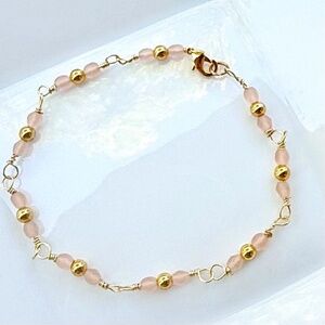 Hand Crafted Pink and Gold Tone Beads Wire Wrapped Chain Bracelet